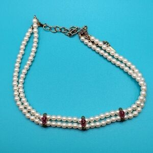 1928 Double Strand Signed Choker Style Necklace 17" Faux Pearls and Rose Accent